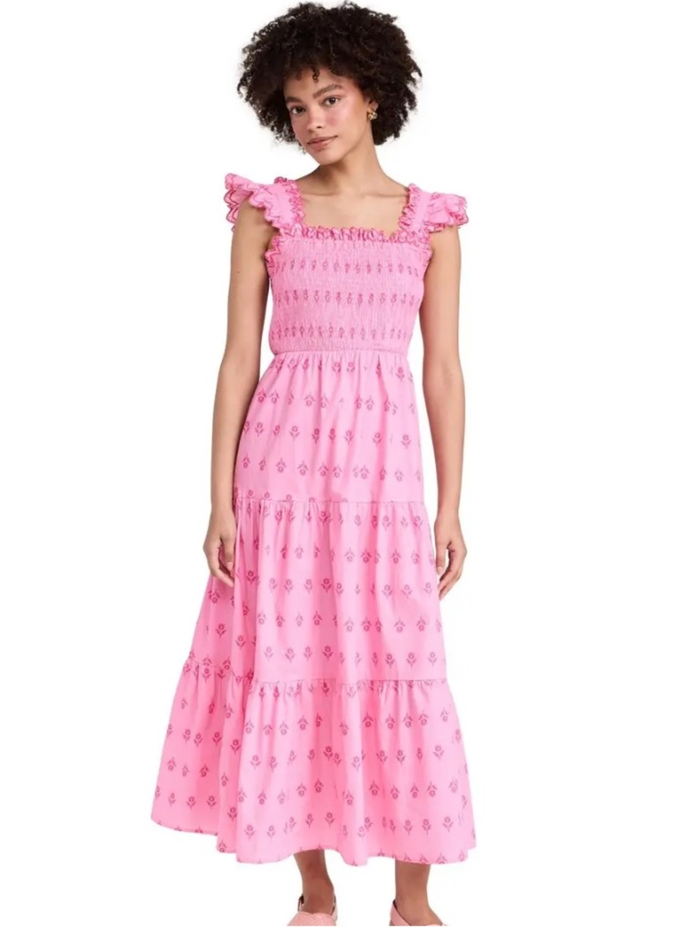 Moon River Pink Smocked Tiered Midi with Ruffle Straps